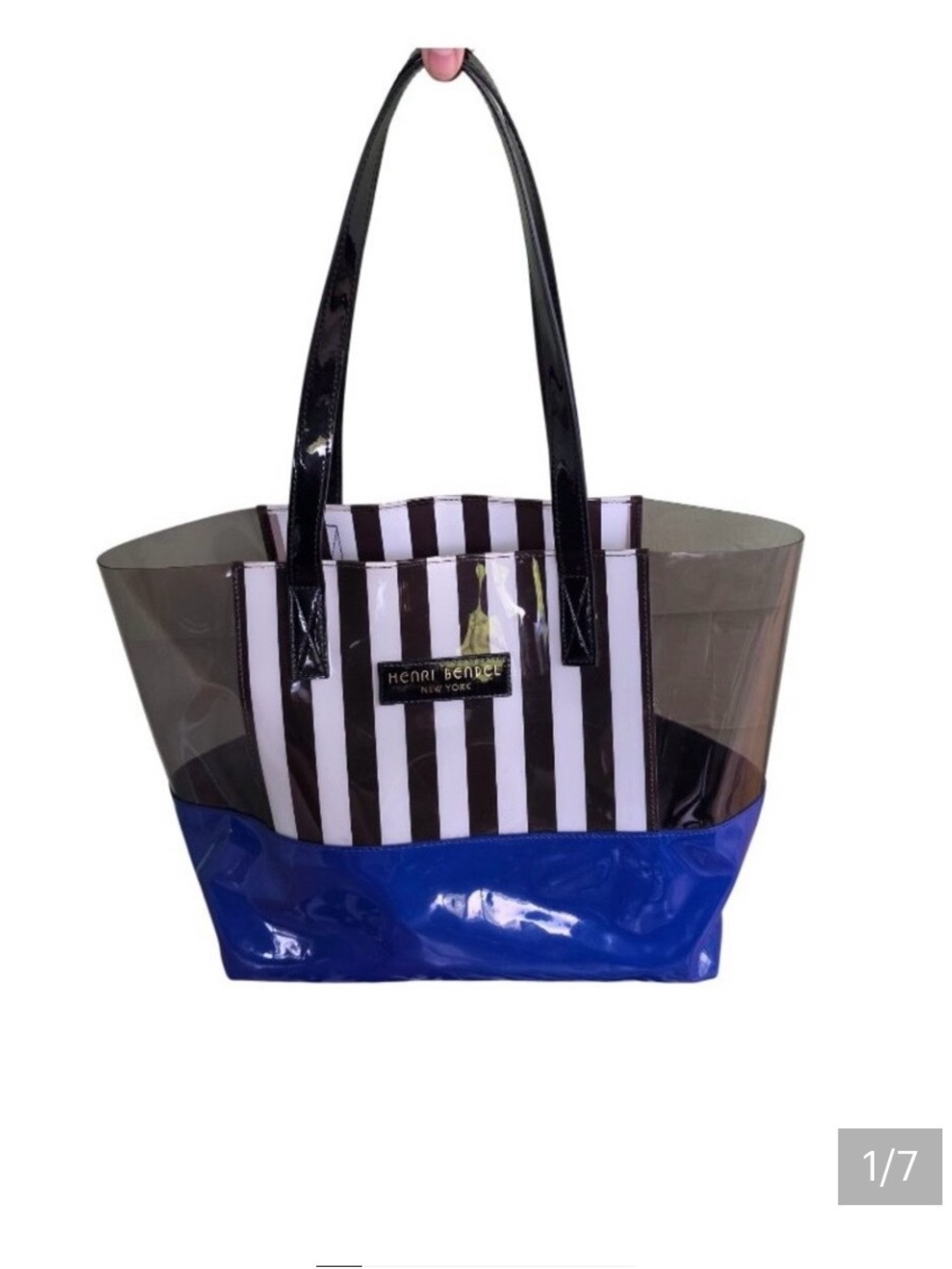 henri bendel Blue Patent & Clear Tote with Black-White Striped Pouch